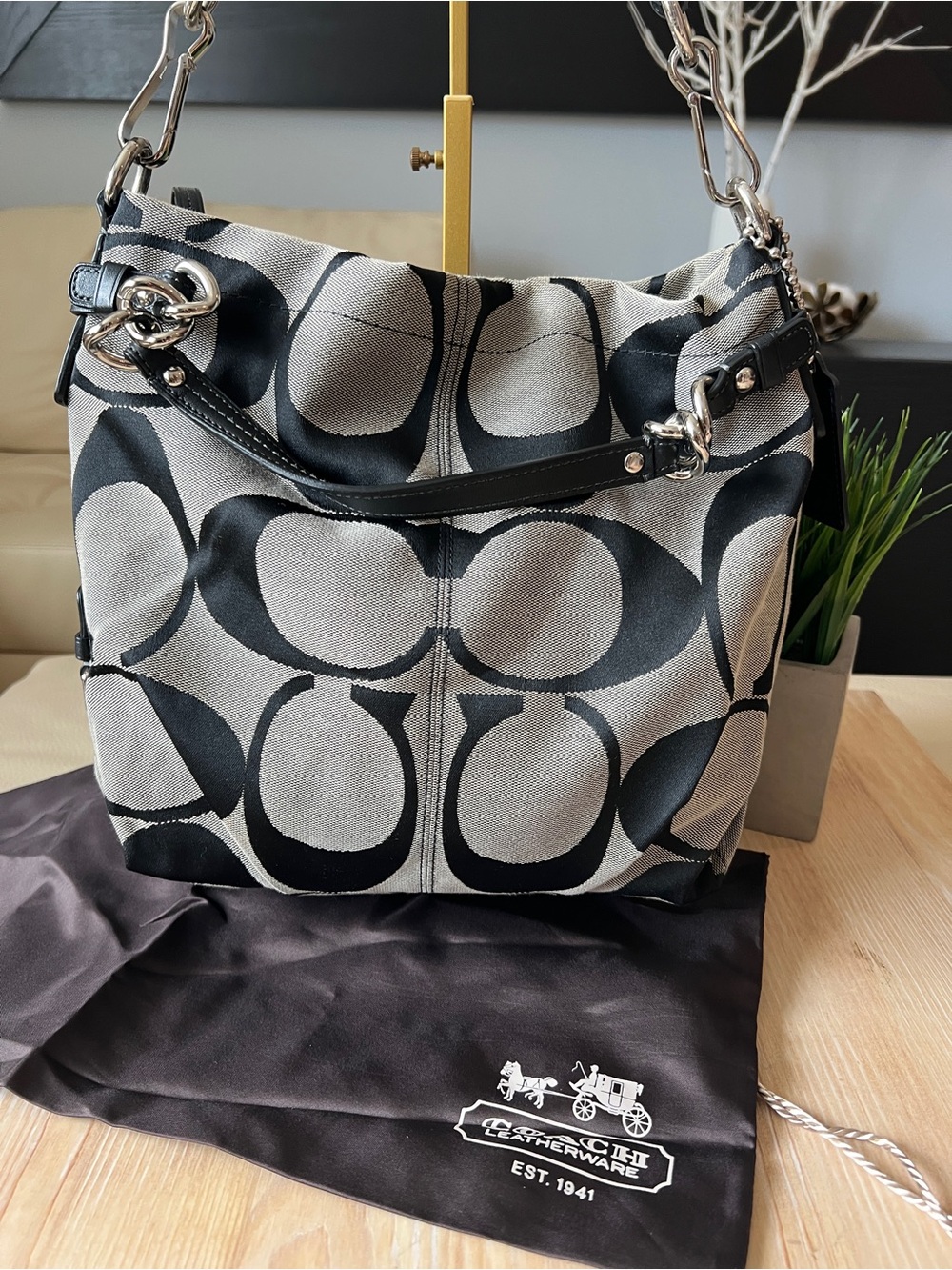 Coach Brooke Black and Gray Signature Canvas Shoulder Bag